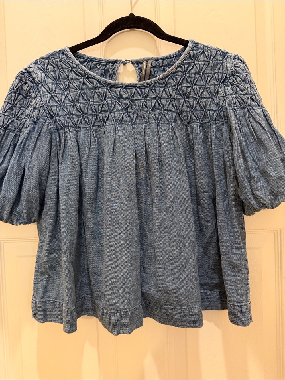 Anthropologie Blue Smocked Yoke Chambray Top